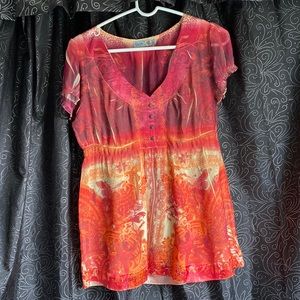 Unity World Wear Colors on fire, empire waist blouse.
